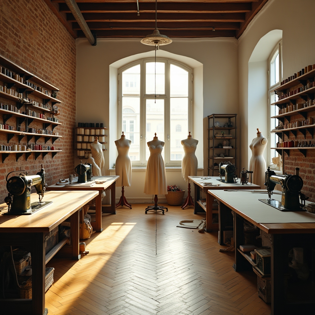 Interno del laboratorio sartoriale con macchine da cucire e stoffe