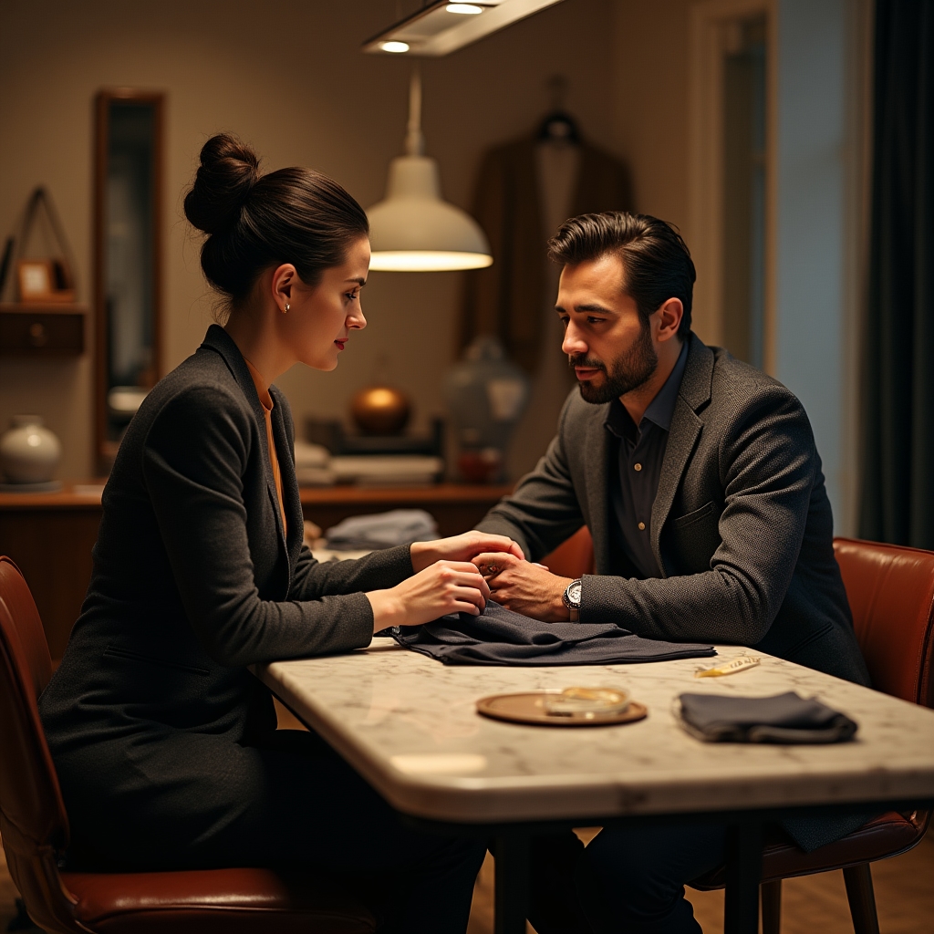 Sarta che consulta una cliente durante una prova di adattamento