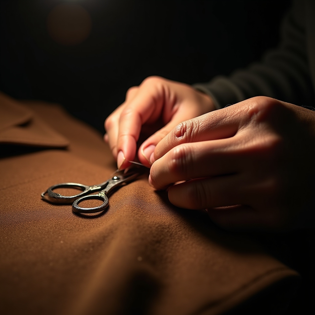 Sarto esperto al lavoro su un capo pregiato con strumenti professionali